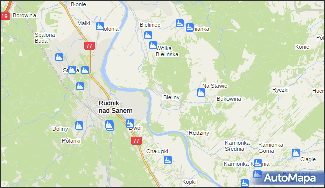 mapa Bieliny gmina Ulanów, Bieliny gmina Ulanów na mapie Targeo