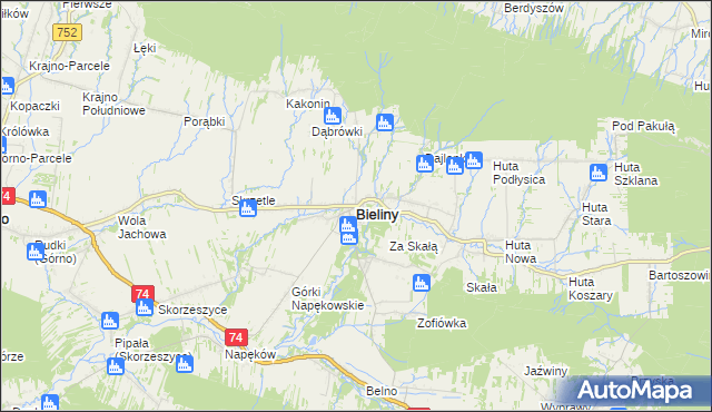 mapa Bieliny powiat kielecki, Bieliny powiat kielecki na mapie Targeo