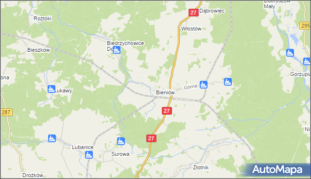 mapa Bieniów gmina Żary, Bieniów gmina Żary na mapie Targeo