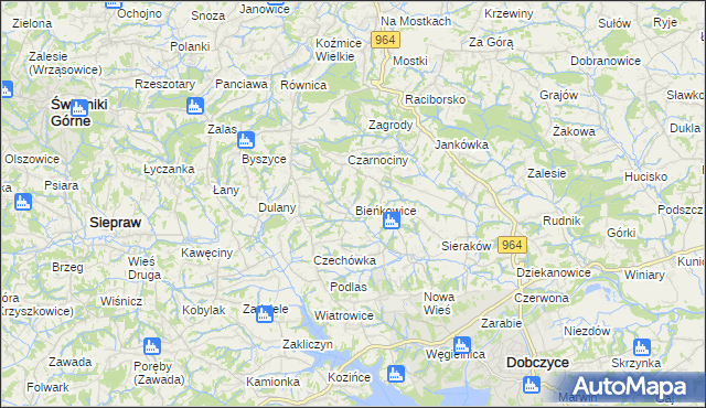 mapa Bieńkowice gmina Dobczyce, Bieńkowice gmina Dobczyce na mapie Targeo