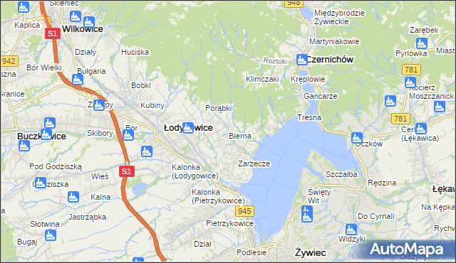 mapa Bierna gmina Łodygowice, Bierna gmina Łodygowice na mapie Targeo
