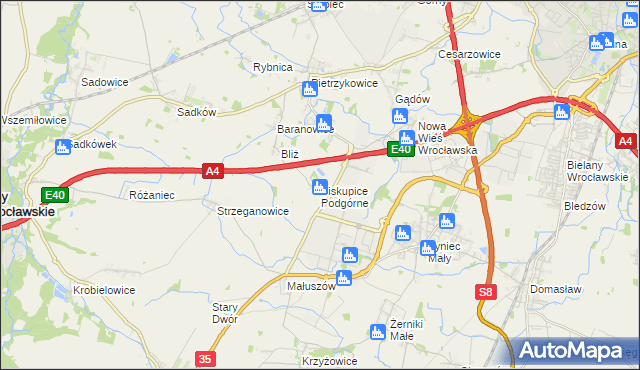 mapa Biskupice Podgórne, Biskupice Podgórne na mapie Targeo