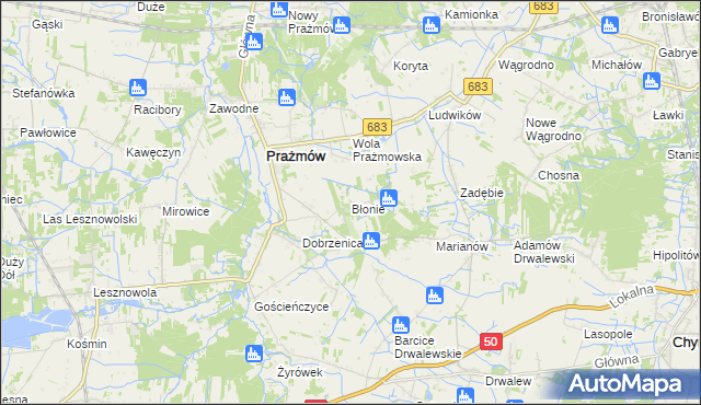 mapa Błonie gmina Prażmów, Błonie gmina Prażmów na mapie Targeo