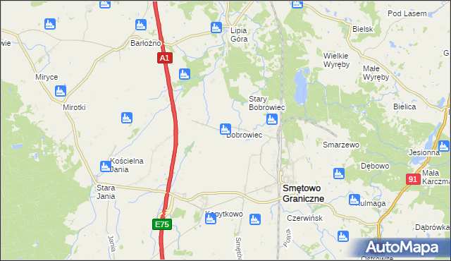 mapa Bobrowiec gmina Smętowo Graniczne, Bobrowiec gmina Smętowo Graniczne na mapie Targeo