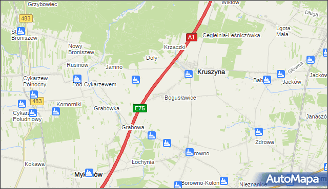 mapa Bogusławice gmina Kruszyna, Bogusławice gmina Kruszyna na mapie Targeo