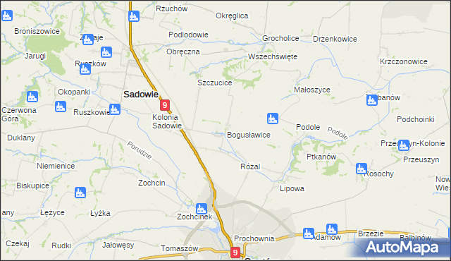mapa Bogusławice gmina Sadowie, Bogusławice gmina Sadowie na mapie Targeo
