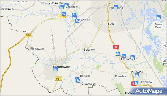 mapa Bojanów gmina Krzanowice, Bojanów gmina Krzanowice na mapie Targeo