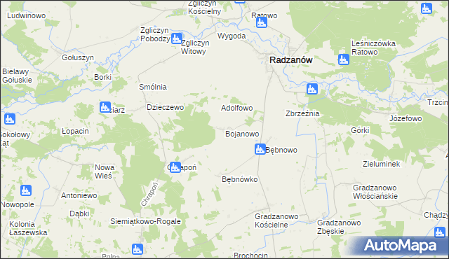 mapa Bojanowo gmina Radzanów, Bojanowo gmina Radzanów na mapie Targeo