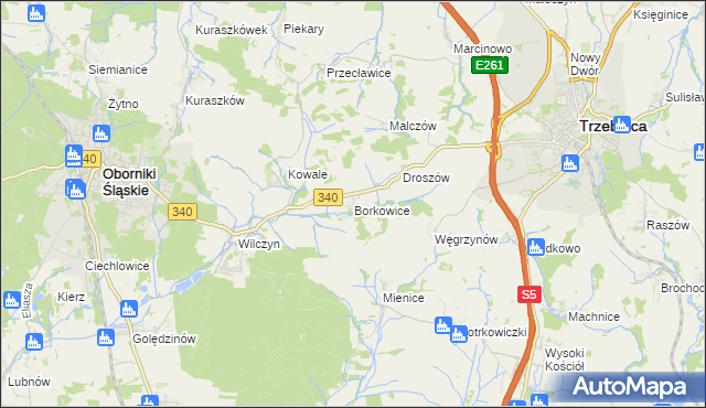 mapa Borkowice gmina Oborniki Śląskie, Borkowice gmina Oborniki Śląskie na mapie Targeo