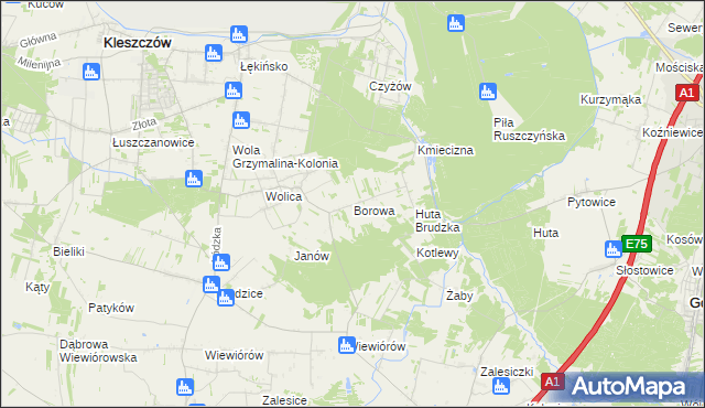 mapa Borowa gmina Dobryszyce, Borowa gmina Dobryszyce na mapie Targeo