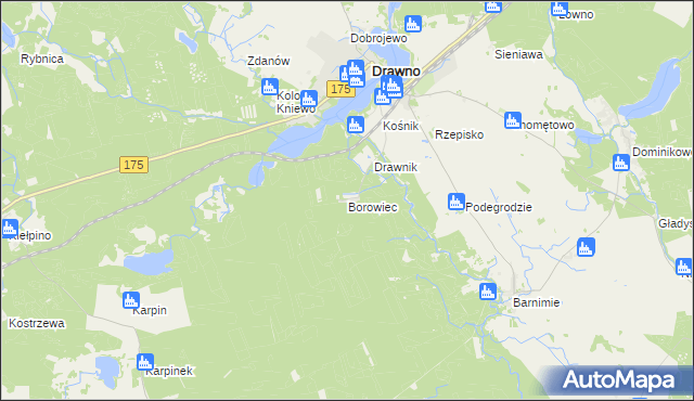 mapa Borowiec gmina Drawno, Borowiec gmina Drawno na mapie Targeo