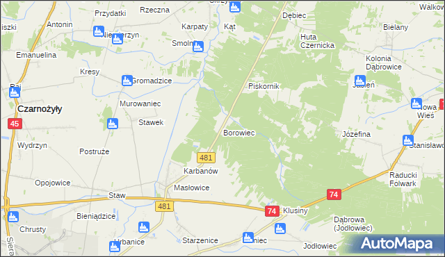 mapa Borowiec gmina Wieluń, Borowiec gmina Wieluń na mapie Targeo
