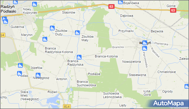 mapa Branica-Kolonia gmina Wohyń, Branica-Kolonia gmina Wohyń na mapie Targeo