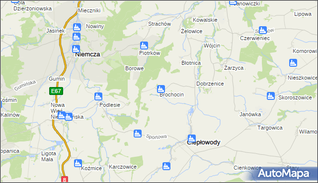 mapa Brochocin gmina Ciepłowody, Brochocin gmina Ciepłowody na mapie Targeo