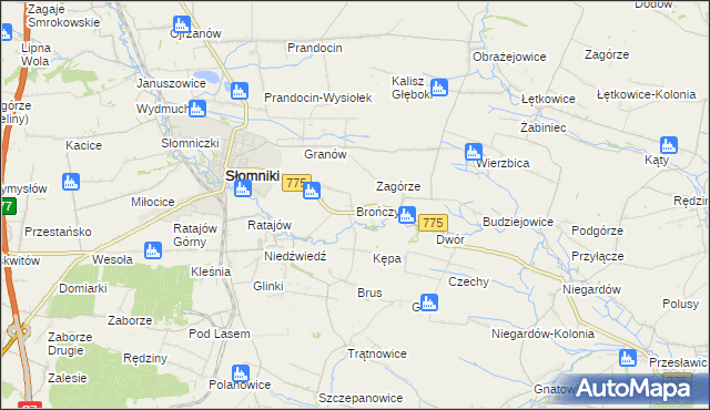 mapa Brończyce gmina Słomniki, Brończyce gmina Słomniki na mapie Targeo