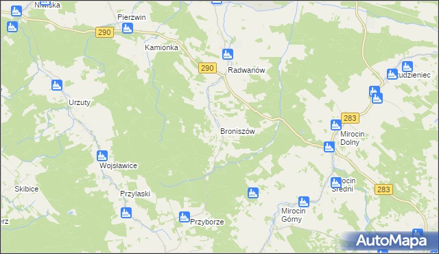 mapa Broniszów gmina Kożuchów, Broniszów gmina Kożuchów na mapie Targeo