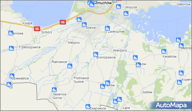 mapa Broniszowice gmina Otmuchów, Broniszowice gmina Otmuchów na mapie Targeo