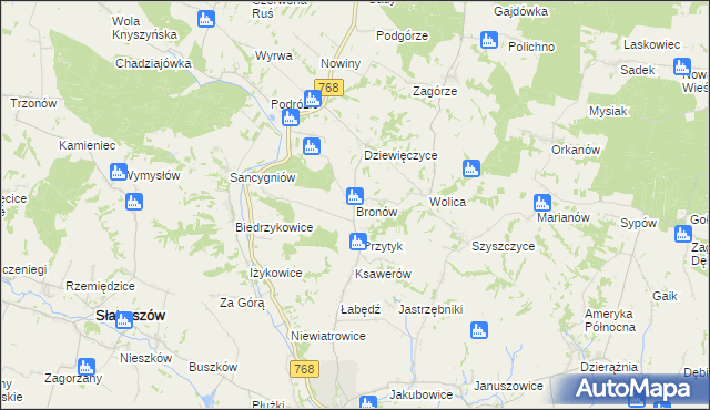 mapa Bronów gmina Działoszyce, Bronów gmina Działoszyce na mapie Targeo