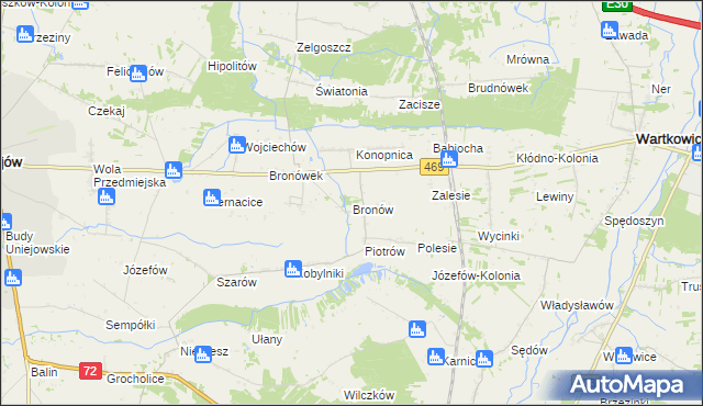 mapa Bronów gmina Wartkowice, Bronów gmina Wartkowice na mapie Targeo