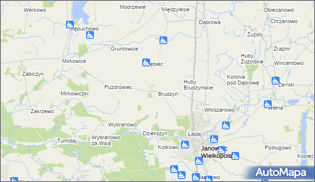 mapa Brudzyń gmina Janowiec Wielkopolski, Brudzyń gmina Janowiec Wielkopolski na mapie Targeo