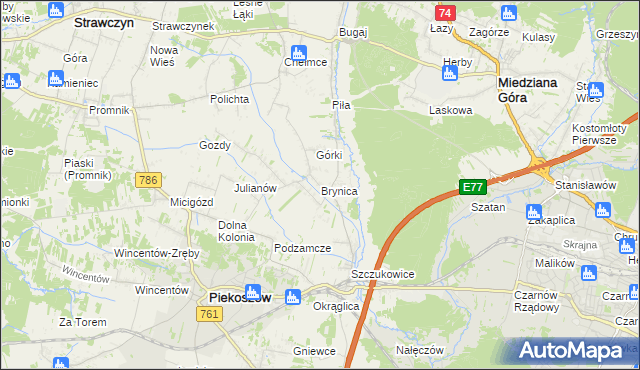 mapa Brynica gmina Piekoszów, Brynica gmina Piekoszów na mapie Targeo