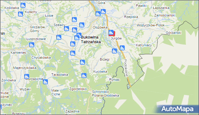 mapa Brzegi gmina Bukowina Tatrzańska, Brzegi gmina Bukowina Tatrzańska na mapie Targeo