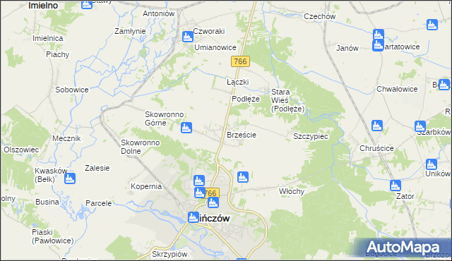 mapa Brzeście gmina Pińczów, Brzeście gmina Pińczów na mapie Targeo