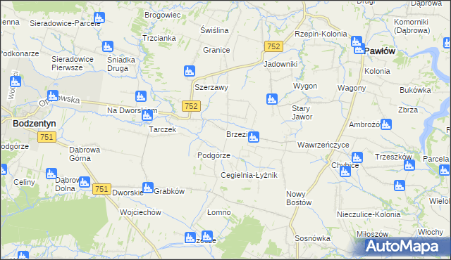 mapa Brzezie gmina Pawłów, Brzezie gmina Pawłów na mapie Targeo