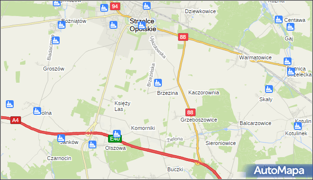 mapa Brzezina gmina Strzelce Opolskie, Brzezina gmina Strzelce Opolskie na mapie Targeo