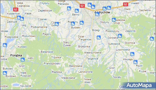 mapa Brzezinka gmina Andrychów, Brzezinka gmina Andrychów na mapie Targeo