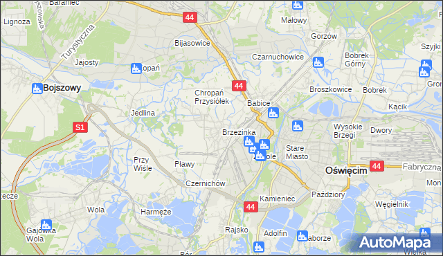 mapa Brzezinka gmina Oświęcim, Brzezinka gmina Oświęcim na mapie Targeo