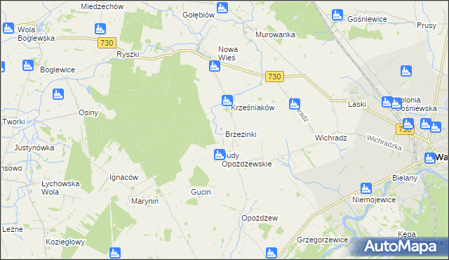 mapa Brzezinki gmina Warka, Brzezinki gmina Warka na mapie Targeo
