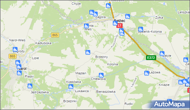 mapa Brzeziny gmina Bełżec, Brzeziny gmina Bełżec na mapie Targeo