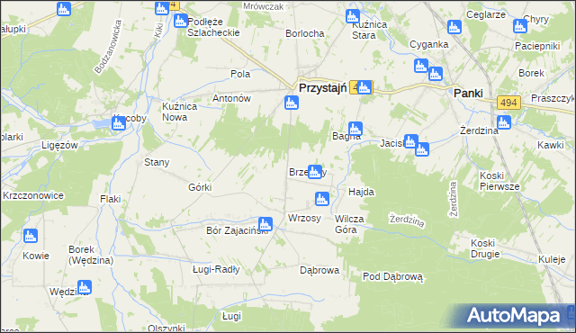 mapa Brzeziny gmina Przystajń, Brzeziny gmina Przystajń na mapie Targeo