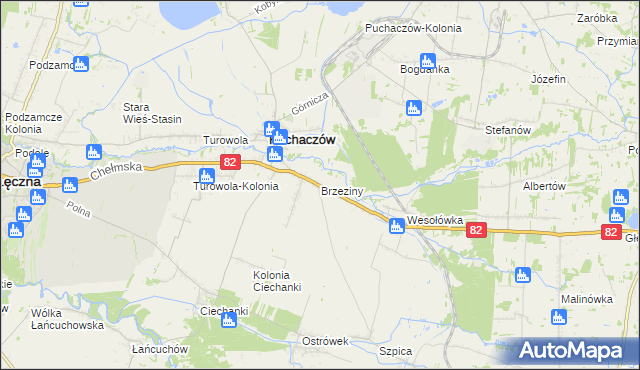 mapa Brzeziny gmina Puchaczów, Brzeziny gmina Puchaczów na mapie Targeo