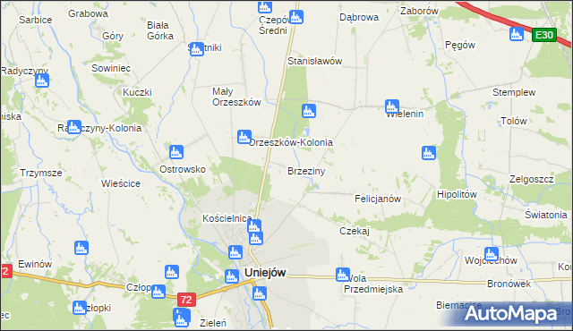 mapa Brzeziny gmina Uniejów, Brzeziny gmina Uniejów na mapie Targeo