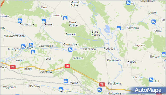 mapa Brzeźnica gmina Jędrzejów, Brzeźnica gmina Jędrzejów na mapie Targeo