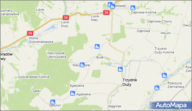 mapa Budki gmina Trzydnik Duży, Budki gmina Trzydnik Duży na mapie Targeo