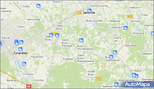 mapa Budy Michałowskie gmina Jaktorów, Budy Michałowskie gmina Jaktorów na mapie Targeo