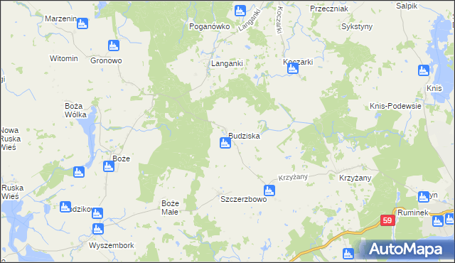 mapa Budziska gmina Mrągowo, Budziska gmina Mrągowo na mapie Targeo