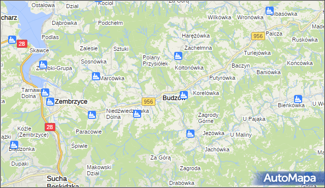 mapa Budzów powiat suski, Budzów powiat suski na mapie Targeo