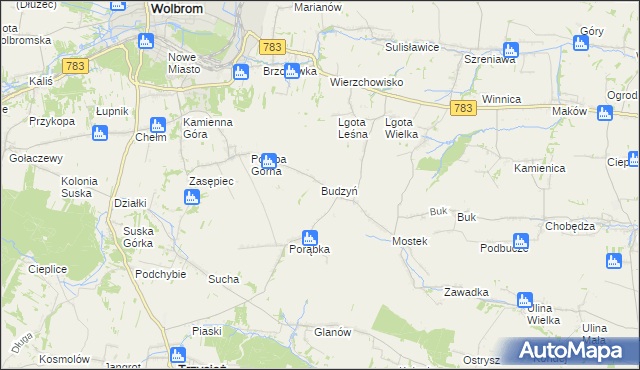 mapa Budzyń gmina Wolbrom, Budzyń gmina Wolbrom na mapie Targeo