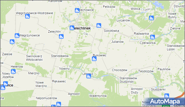 mapa Bukowiec gmina Żelechlinek, Bukowiec gmina Żelechlinek na mapie Targeo