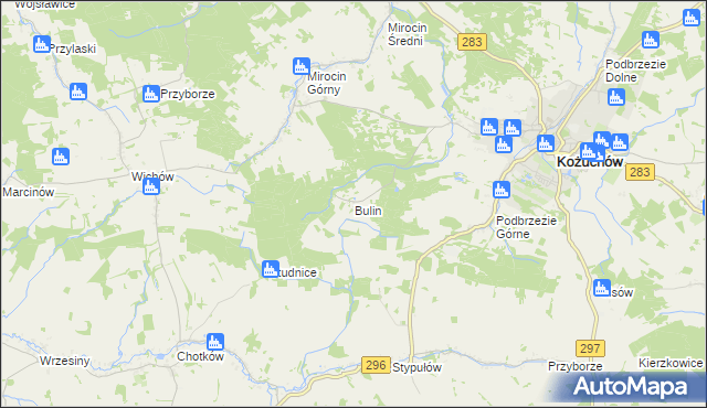 mapa Bulin gmina Kożuchów, Bulin gmina Kożuchów na mapie Targeo