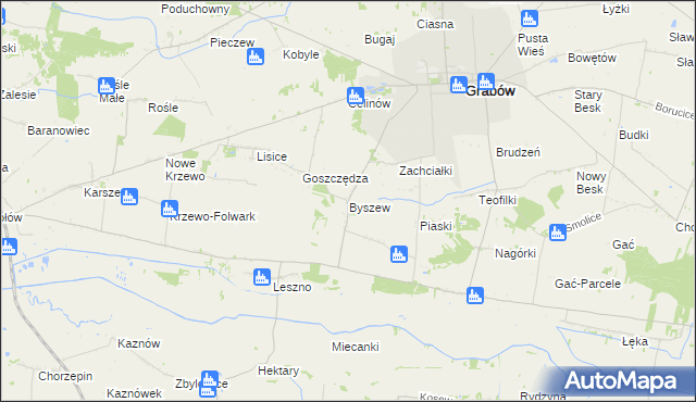 mapa Byszew gmina Grabów, Byszew gmina Grabów na mapie Targeo