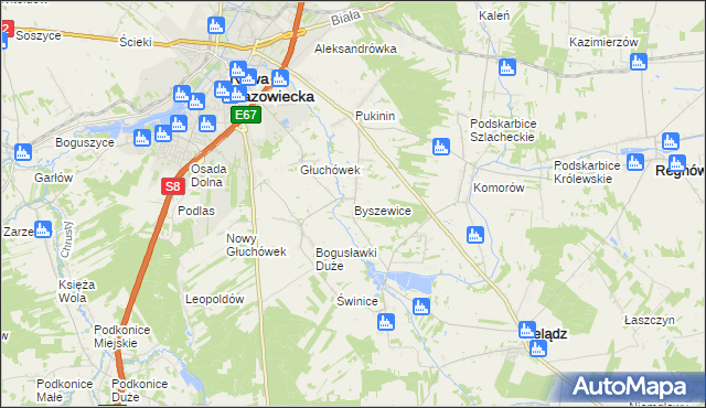 mapa Byszewice gmina Rawa Mazowiecka, Byszewice gmina Rawa Mazowiecka na mapie Targeo