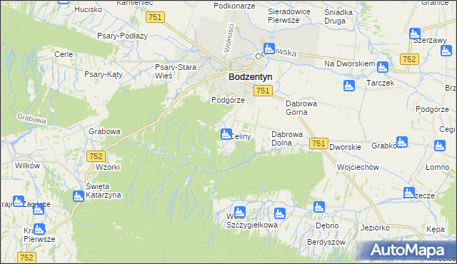mapa Celiny gmina Bodzentyn, Celiny gmina Bodzentyn na mapie Targeo