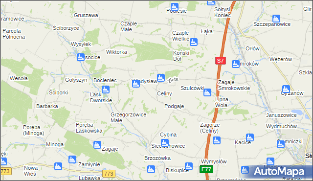 mapa Celiny gmina Iwanowice, Celiny gmina Iwanowice na mapie Targeo