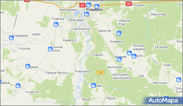 mapa Chałupy gmina Przedbórz, Chałupy gmina Przedbórz na mapie Targeo