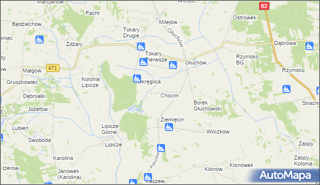 mapa Chocim gmina Kawęczyn, Chocim gmina Kawęczyn na mapie Targeo